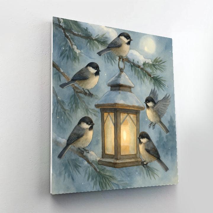 Snow Lantern Chickadees In The Pine Clearing painting number kit