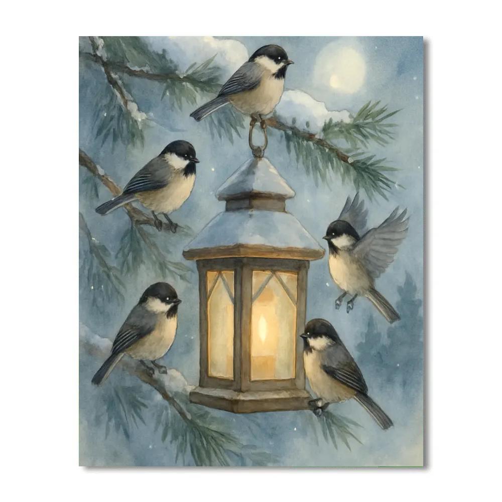Snow Lantern Chickadees In The Pine Clearing painting number kit