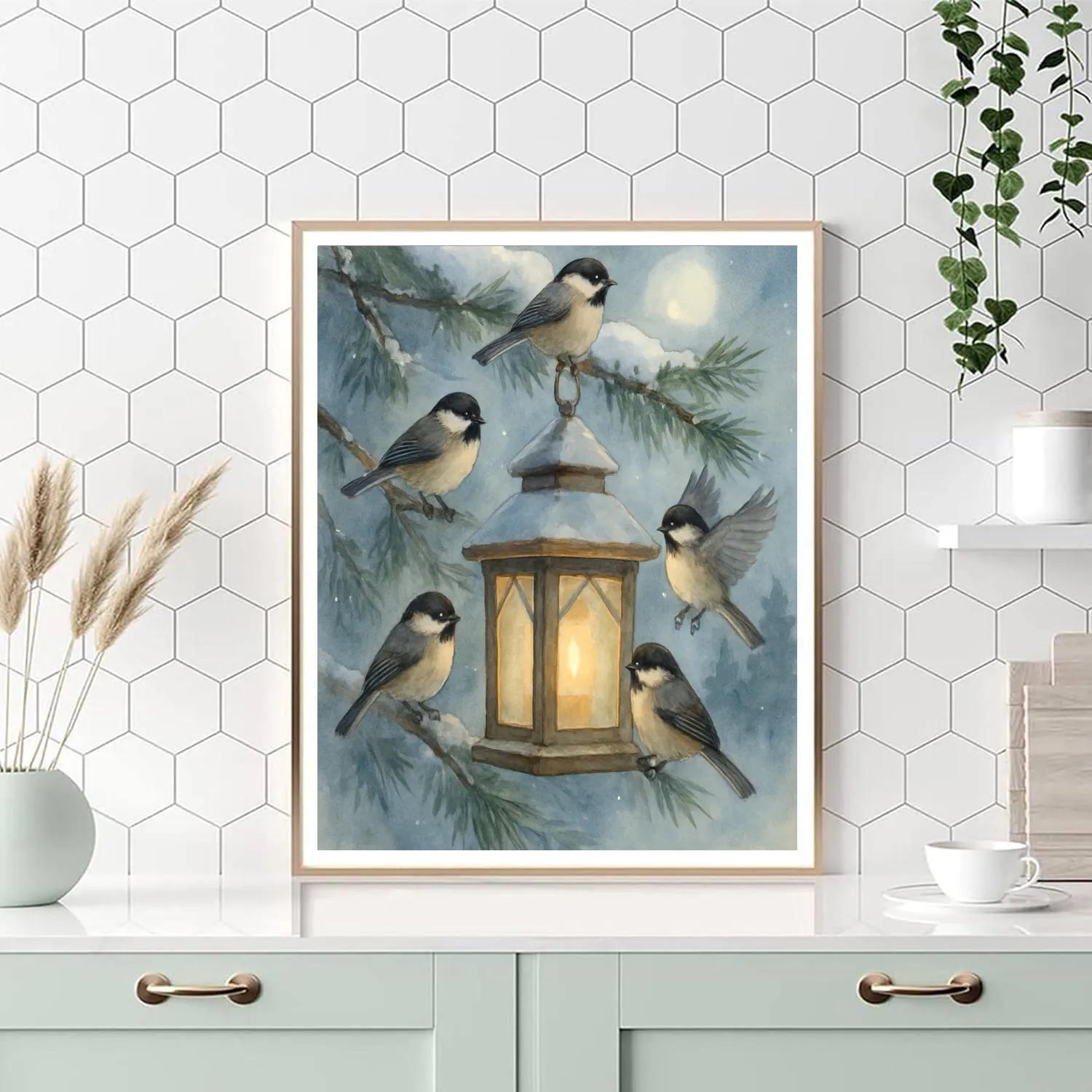 Snow Lantern Chickadees In The Pine Clearing painting number kit