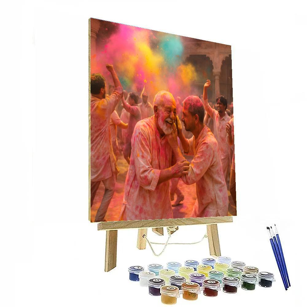 Holi Morning In Vrindavan Temple Courtyard paint by color