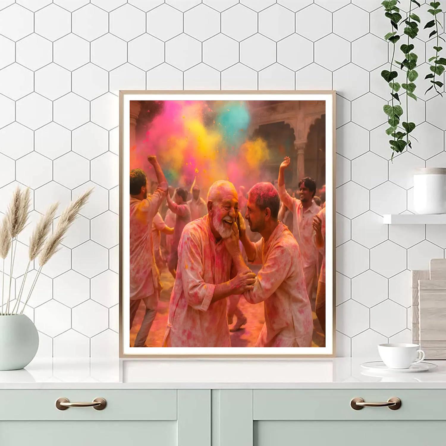 Holi Morning In Vrindavan Temple Courtyard paint by color
