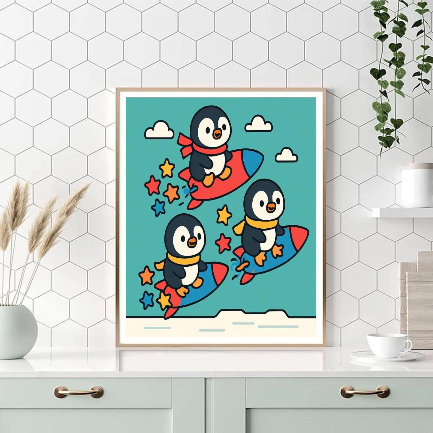 Rocket Riding Penguin Parade painting number kit