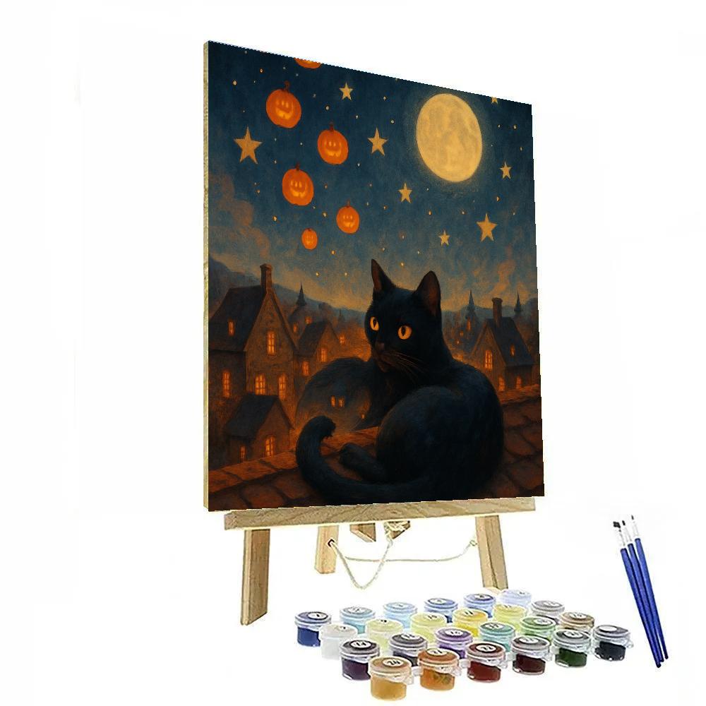 Black Cat On The Ember Roof painting number kit