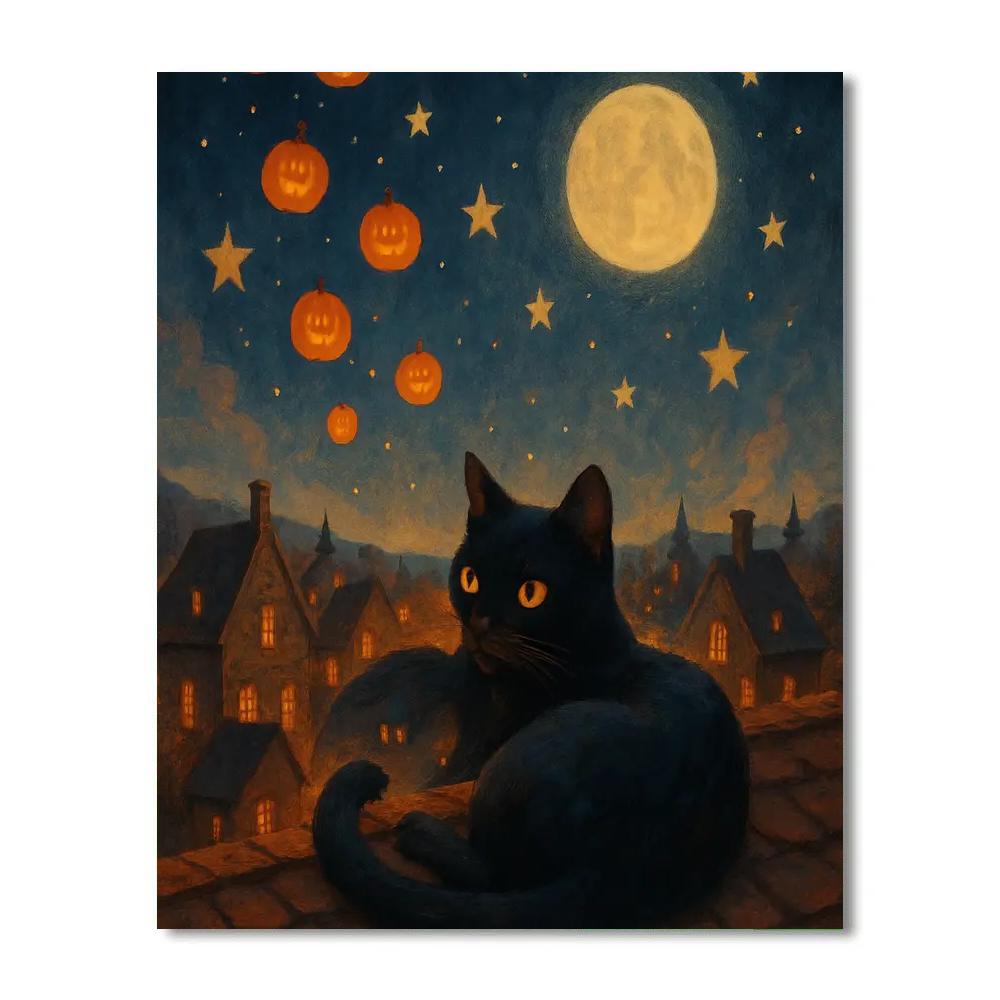 Black Cat On The Ember Roof painting number kit