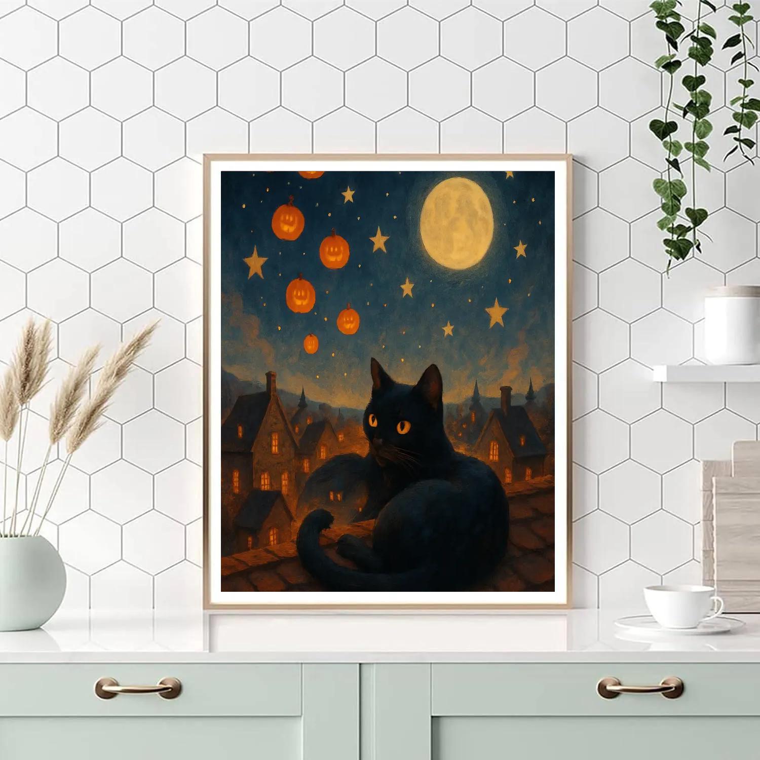 Black Cat On The Ember Roof painting number kit