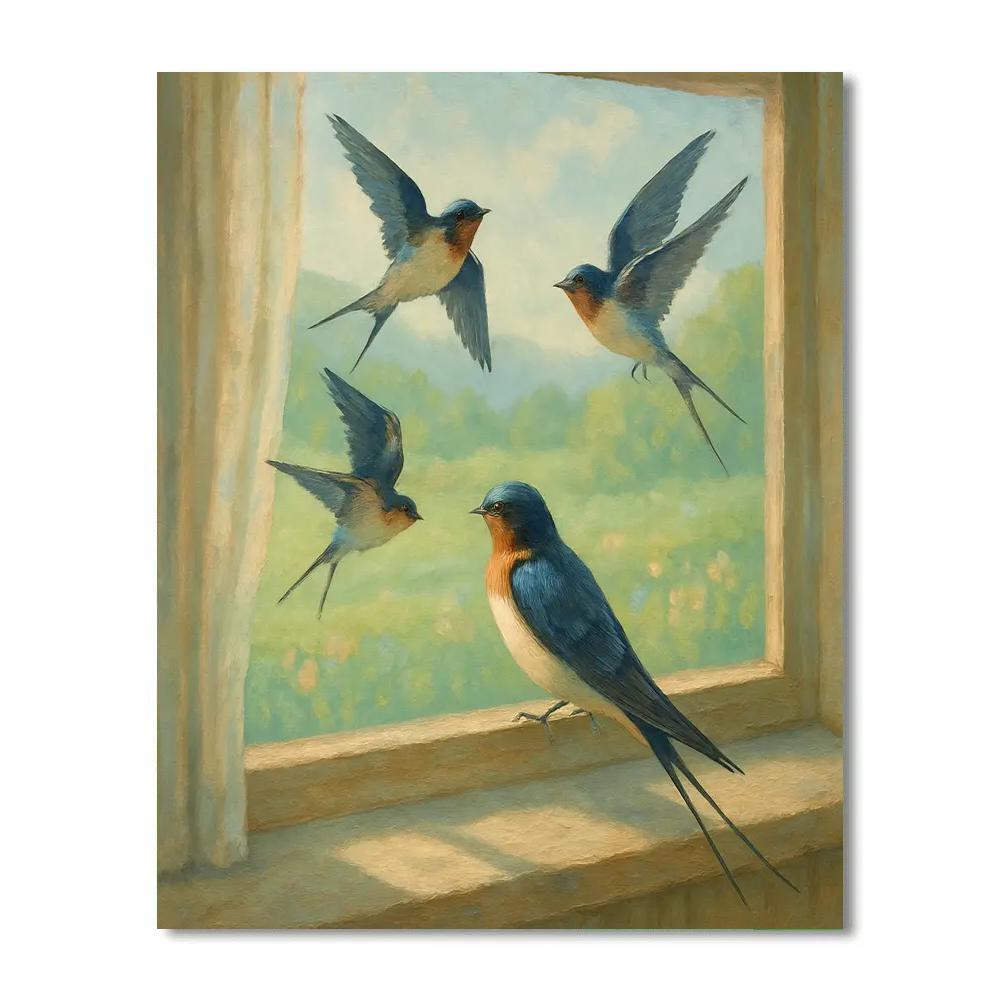 Spring Window Swallows Over The Meadow painting number kit
