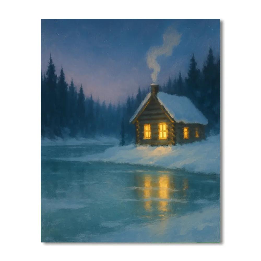Cabin Glow On Winter Lake Paint by numbers art