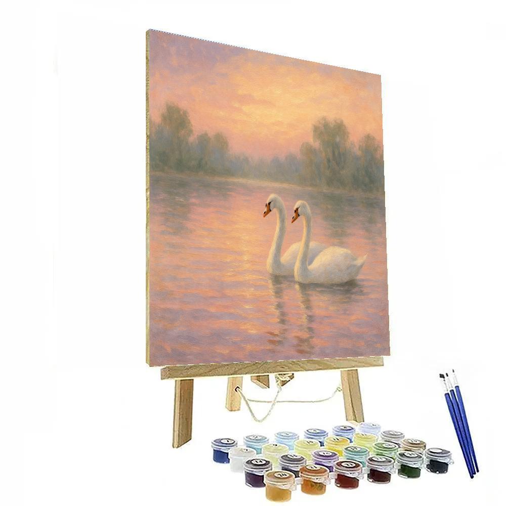 Swans In Rose Dawn Reflection DIY paint by numbers