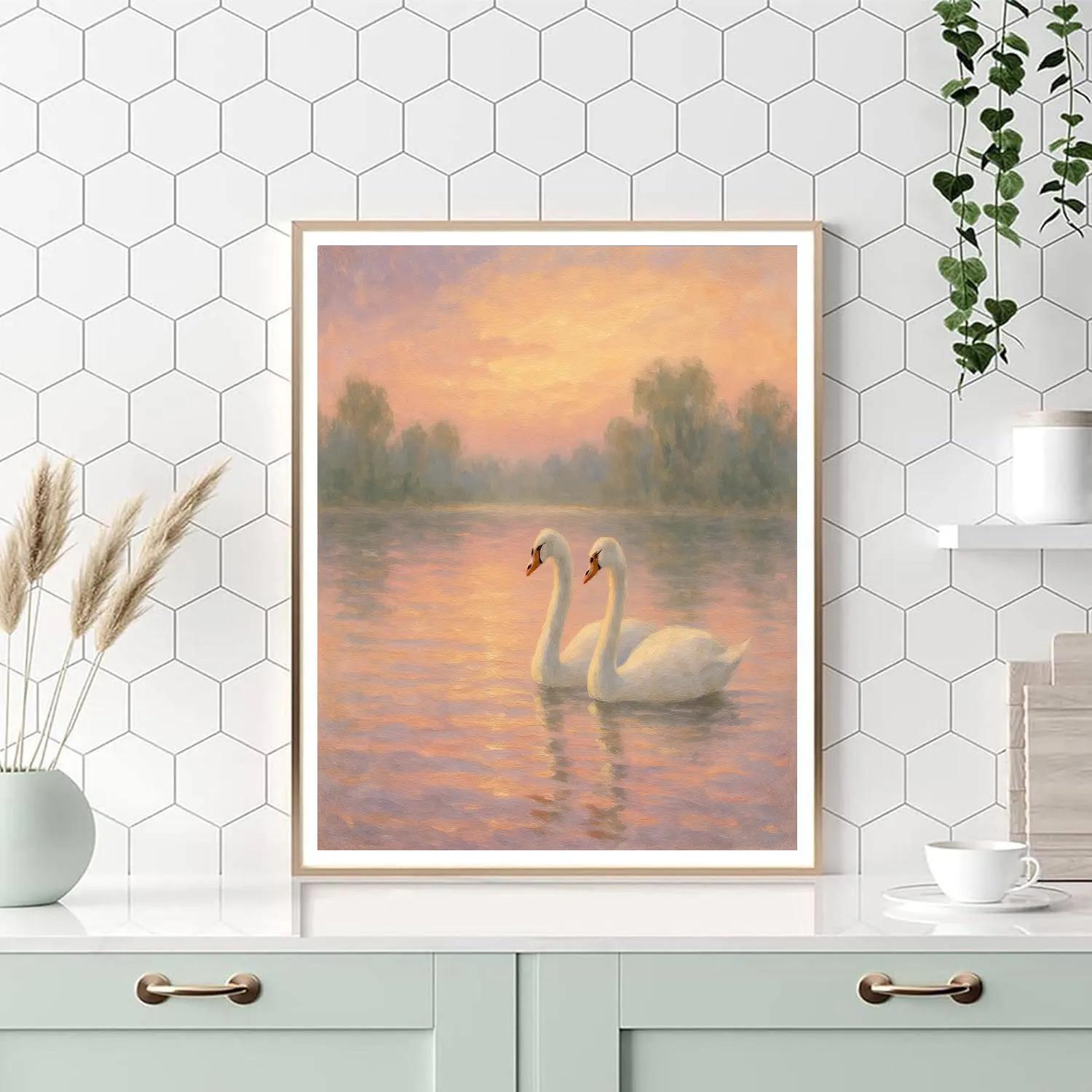 Swans In Rose Dawn Reflection DIY paint by numbers