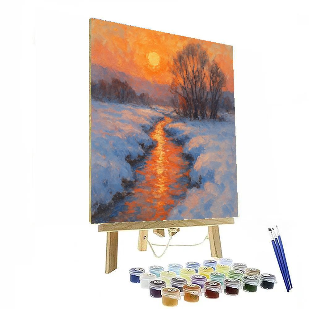 Winter Stream Beneath Amber Sky paint by numbers