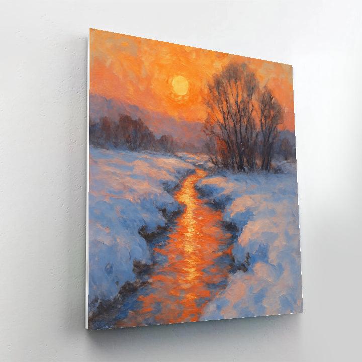 Winter Stream Beneath Amber Sky paint by numbers