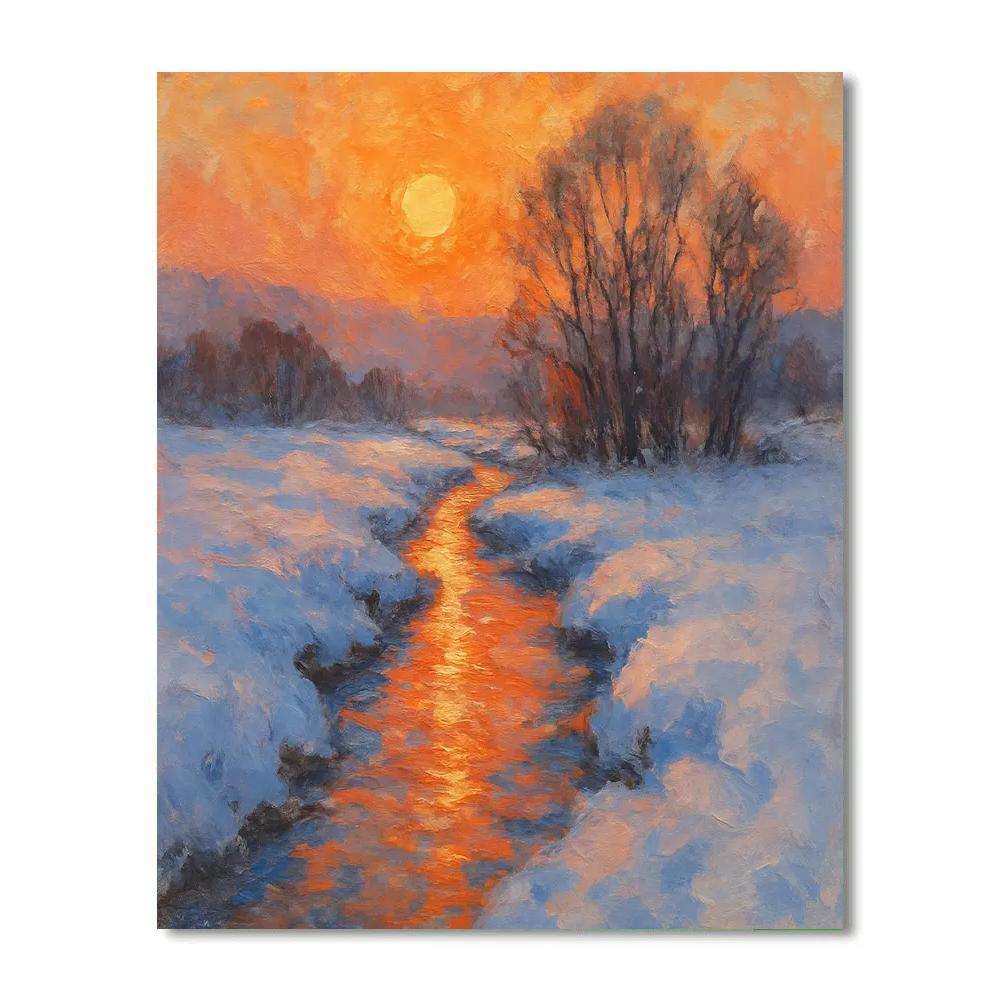 Winter Stream Beneath Amber Sky paint by numbers