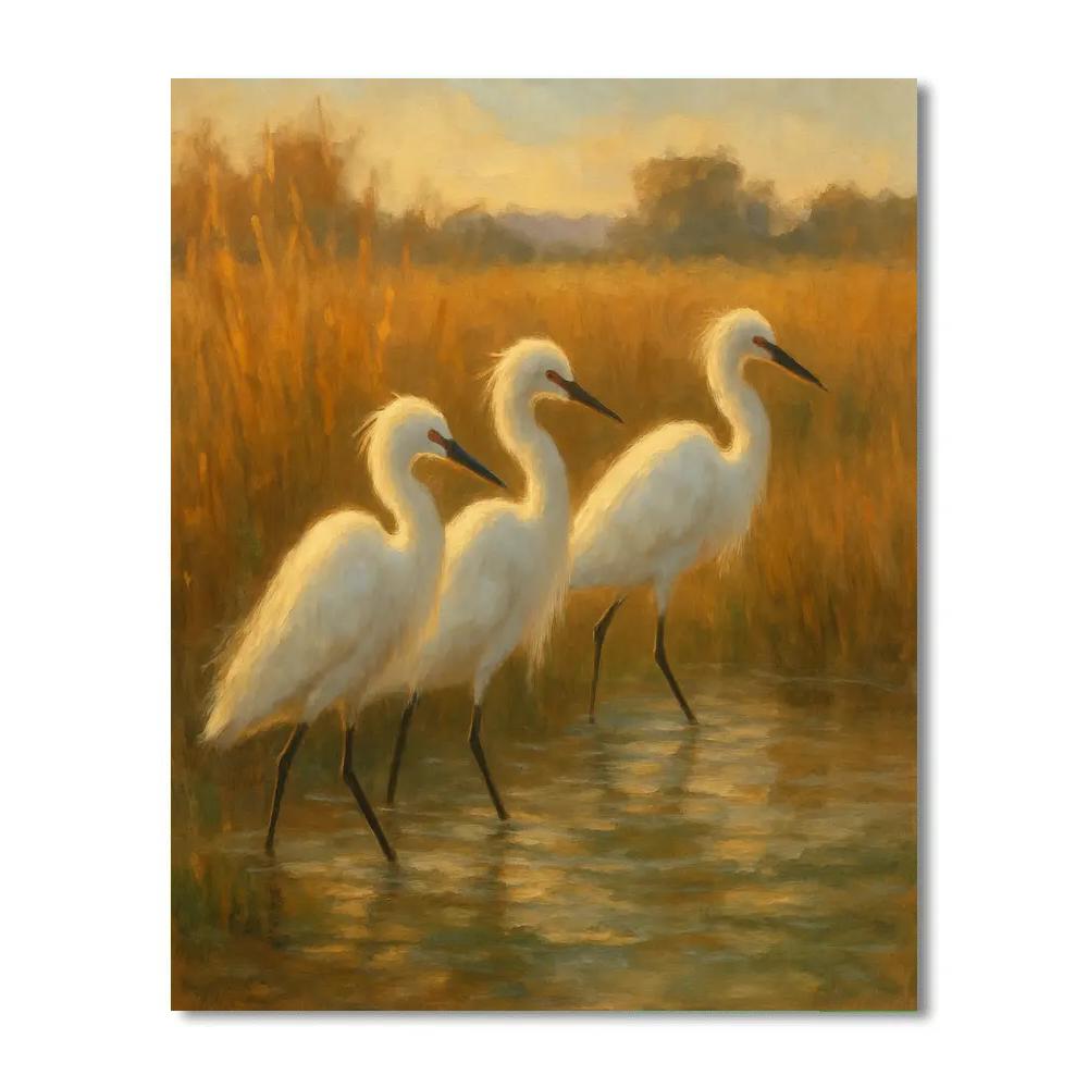 Sunlit Marsh Egrets Among The Reeds Paint by numbers art
