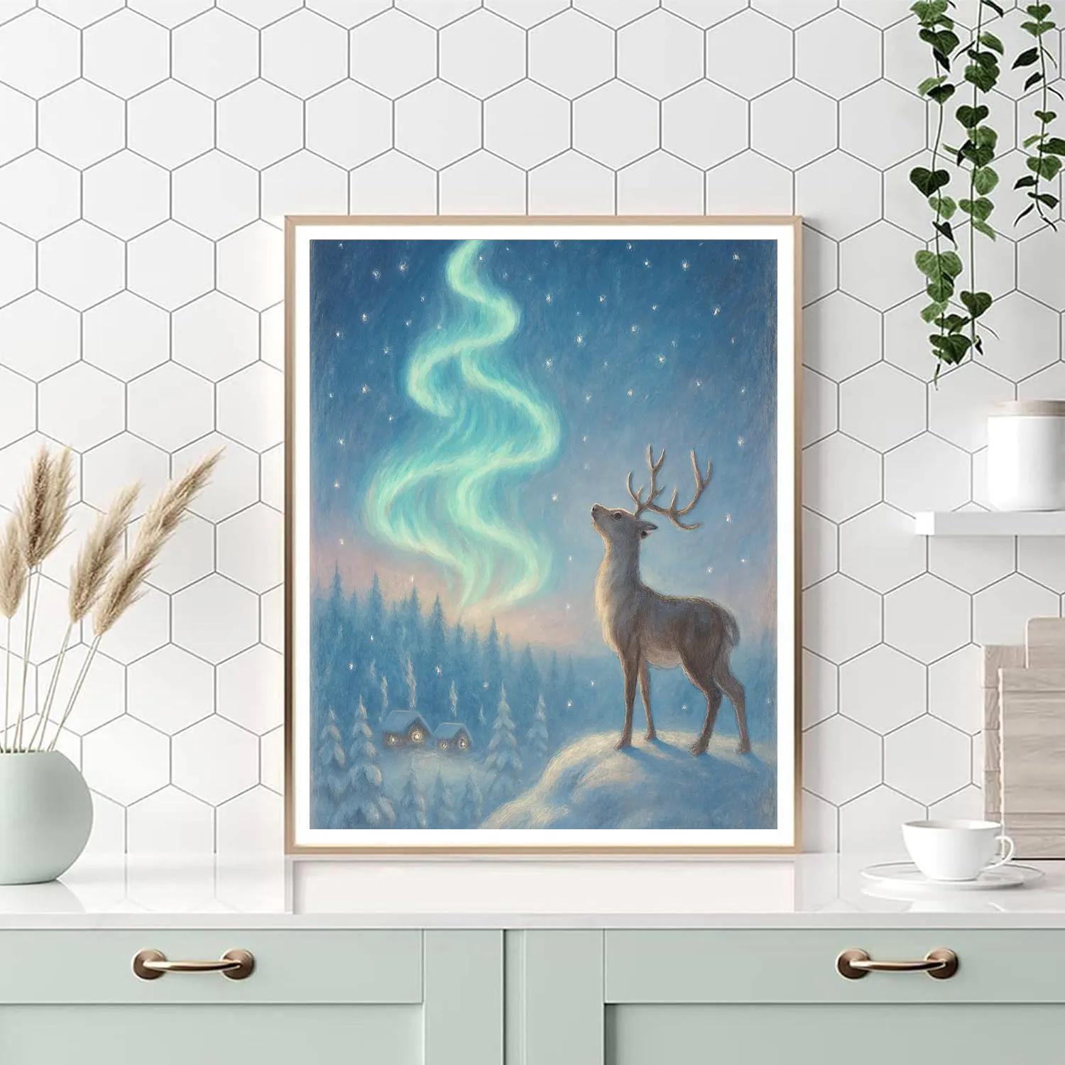 Reindeer Stargazing Over Frosted Pines paint by color