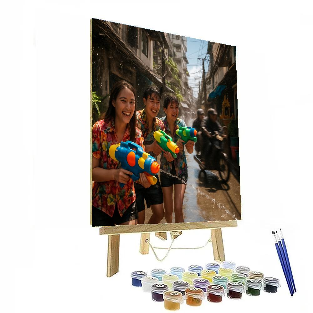 Songkran Water Fight Alley In Bangkok Paint by numbers kits