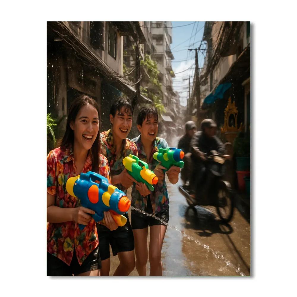 Songkran Water Fight Alley In Bangkok Paint by numbers kits