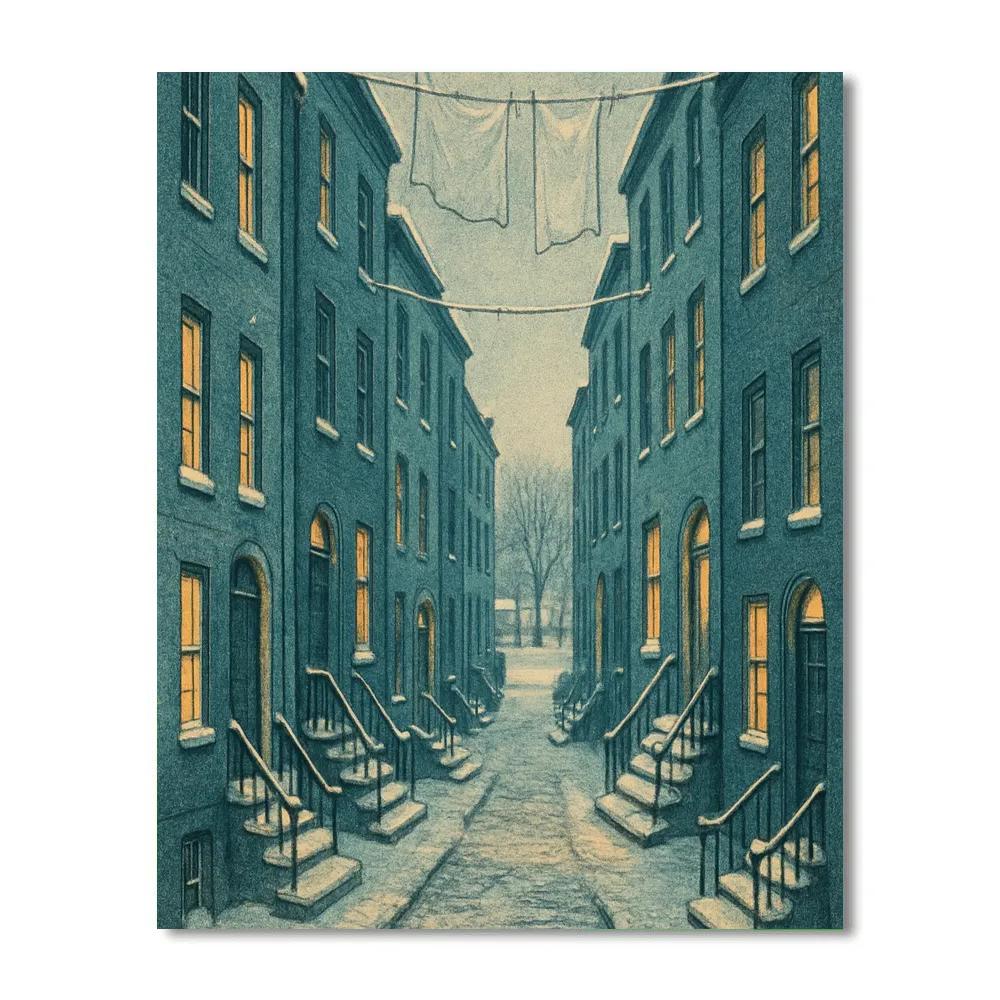 Snowy Alley Of Blue Townhouses paint by numbers