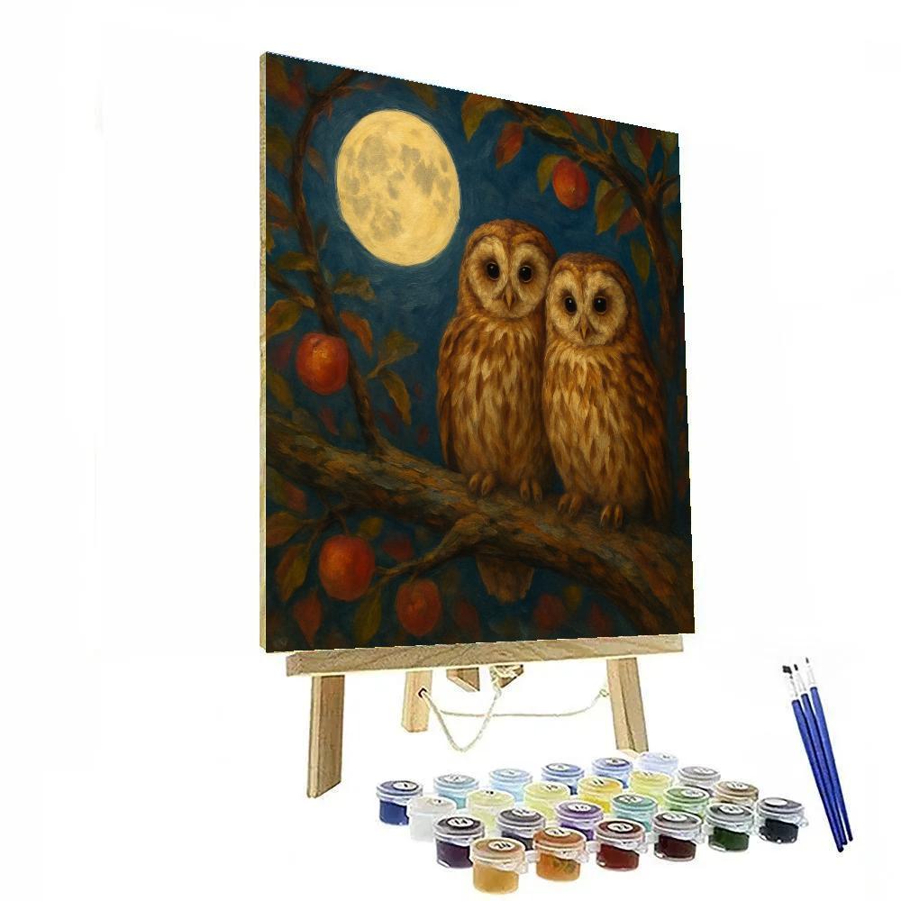 Night Orchard Owls Beneath The Harvest Moon Number painting