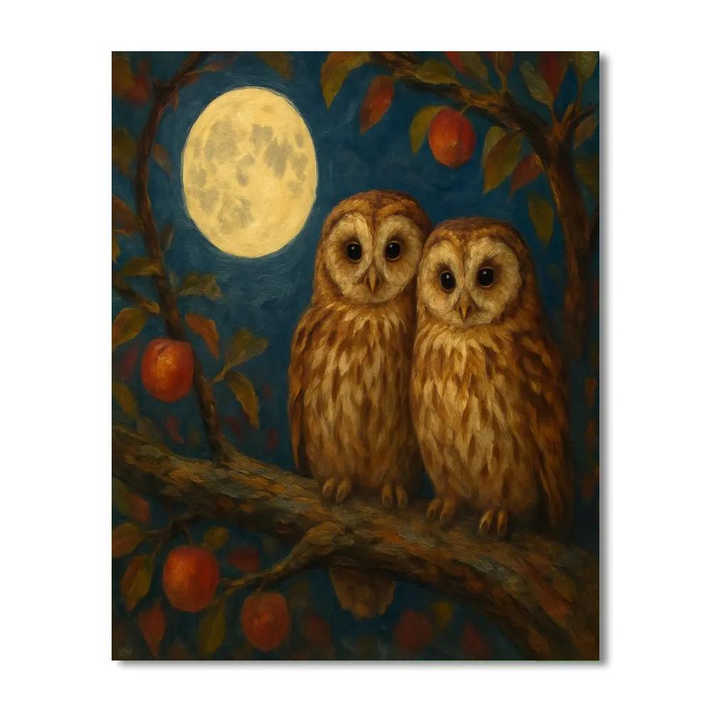 Night Orchard Owls Beneath The Harvest Moon Number painting
