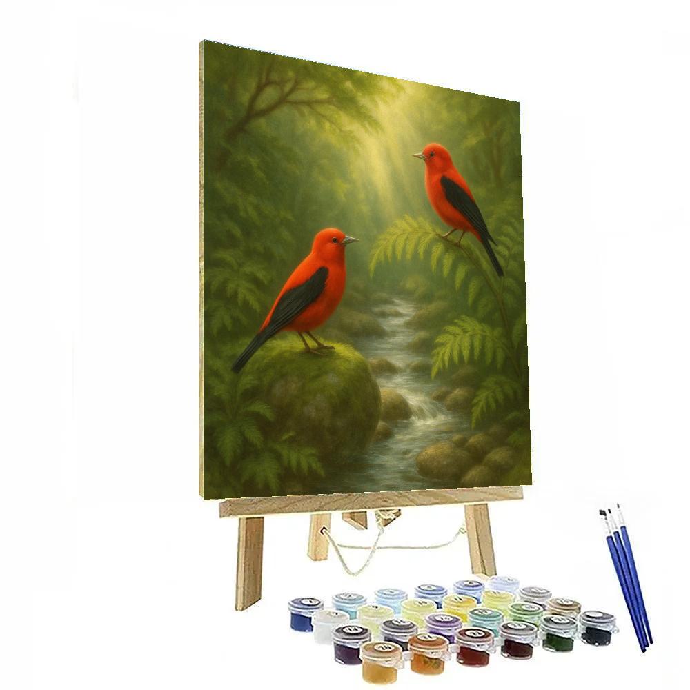 Creekside Tanagers At The Ferny Hollow paint by color