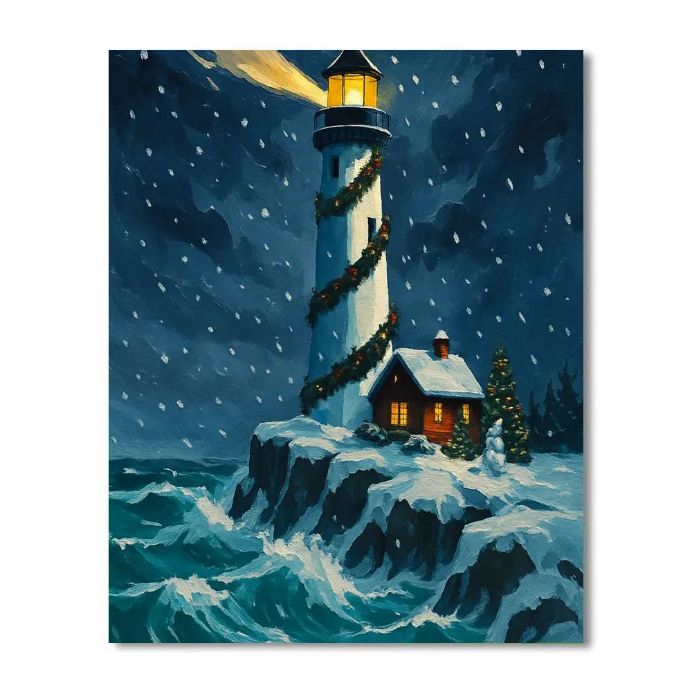 Christmas Lighthouse On Icy Cliffs paint by numbers