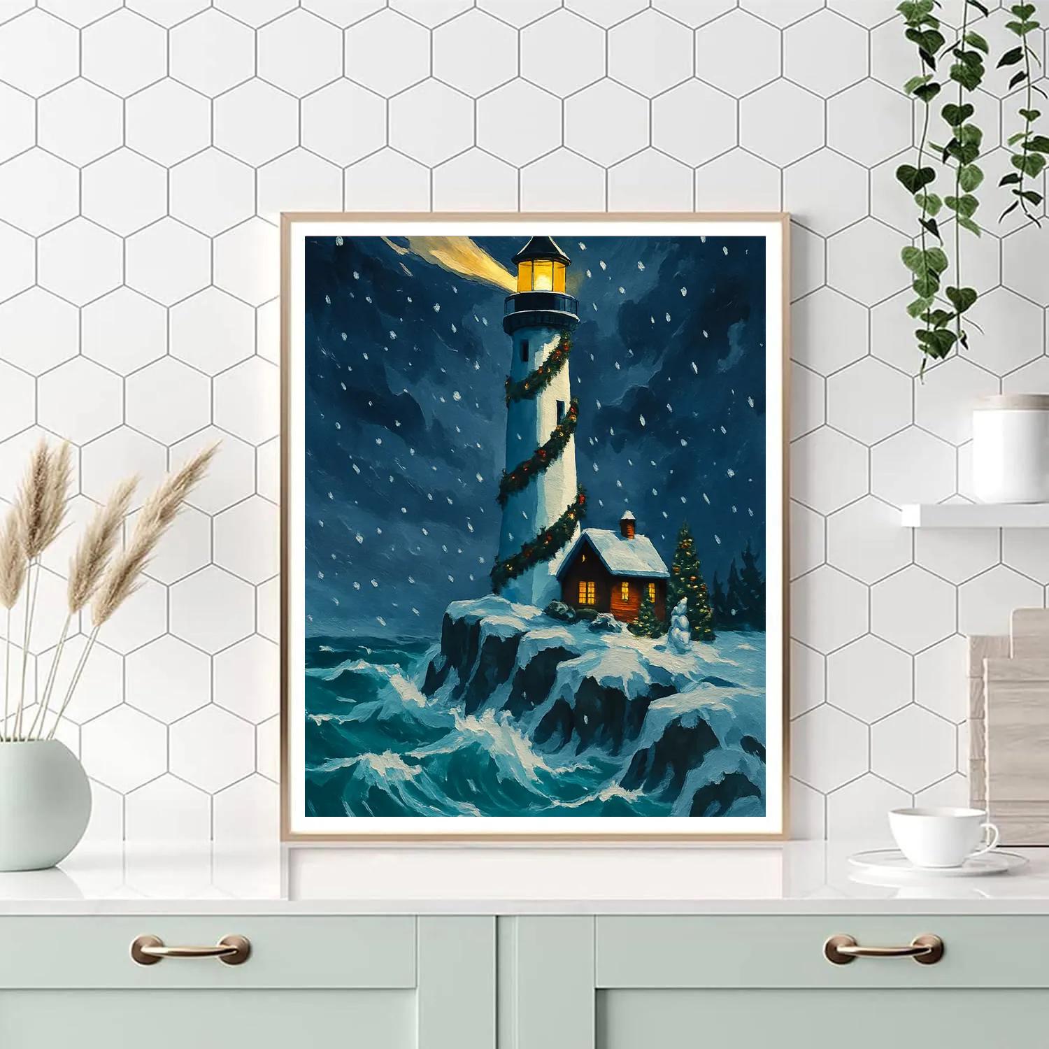 Christmas Lighthouse On Icy Cliffs paint by numbers