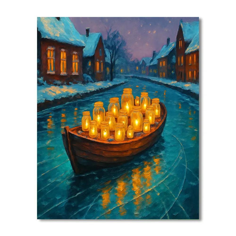 Lantern Boat On Frozen Canal paint by numbers