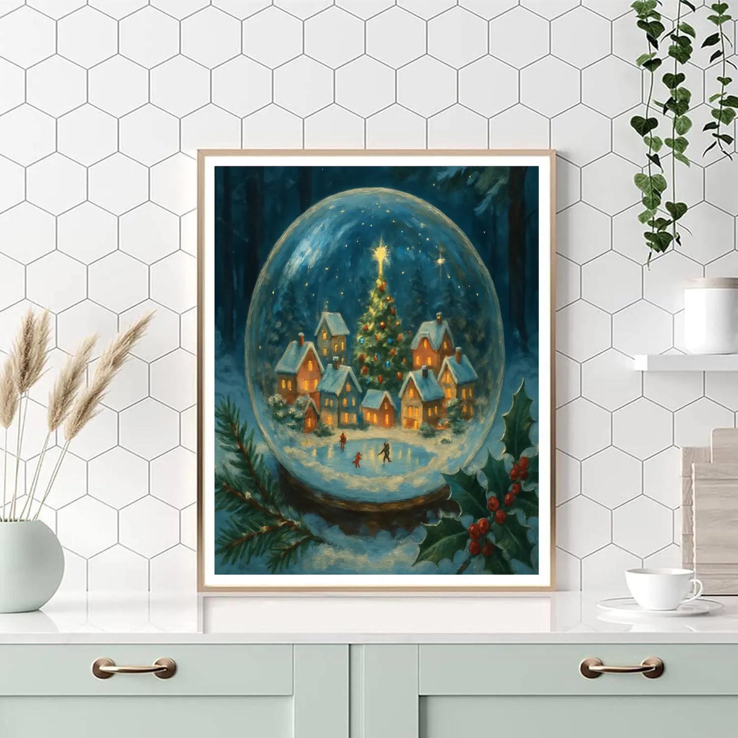 Tiny Christmas Village In Glass Globe paint by numbers