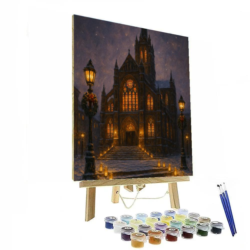 Snowy Cathedral With Candlelit Steps Painting by numbers kit