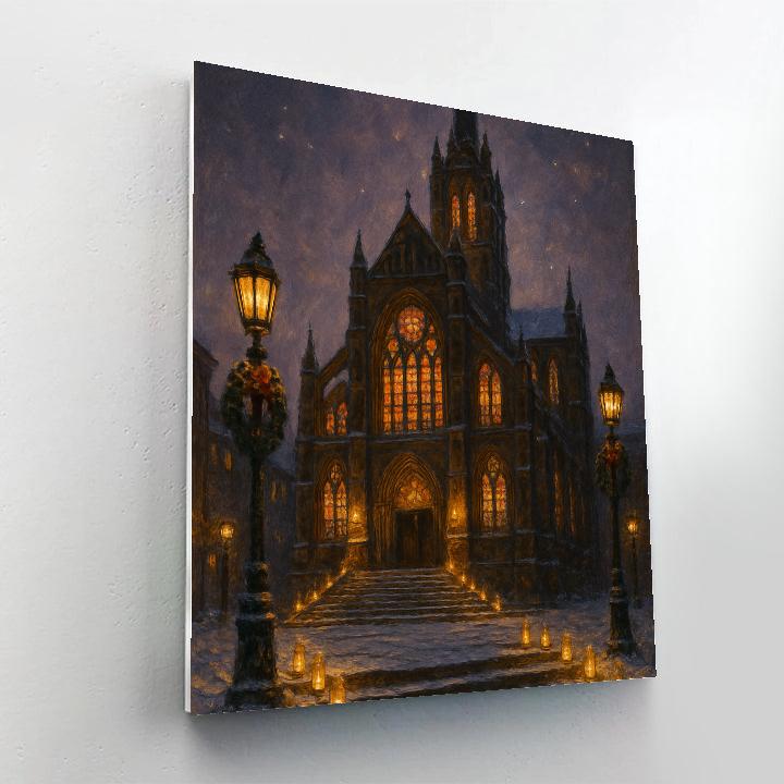 Snowy Cathedral With Candlelit Steps Painting by numbers kit