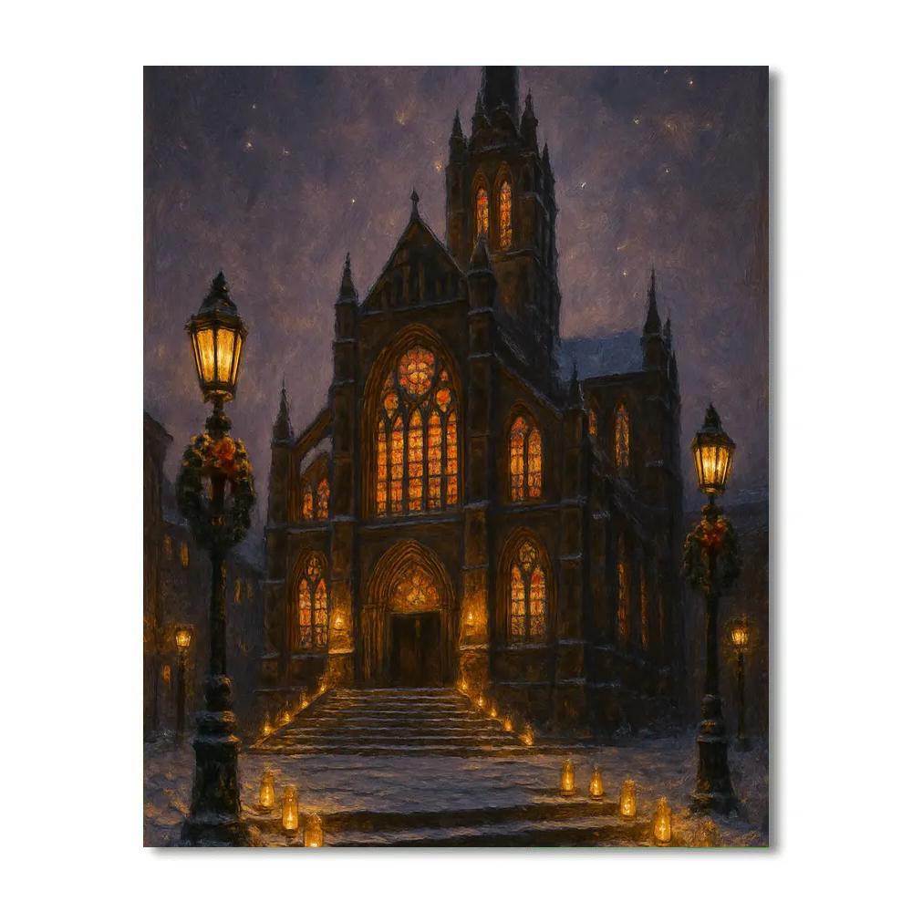 Snowy Cathedral With Candlelit Steps Painting by numbers kit
