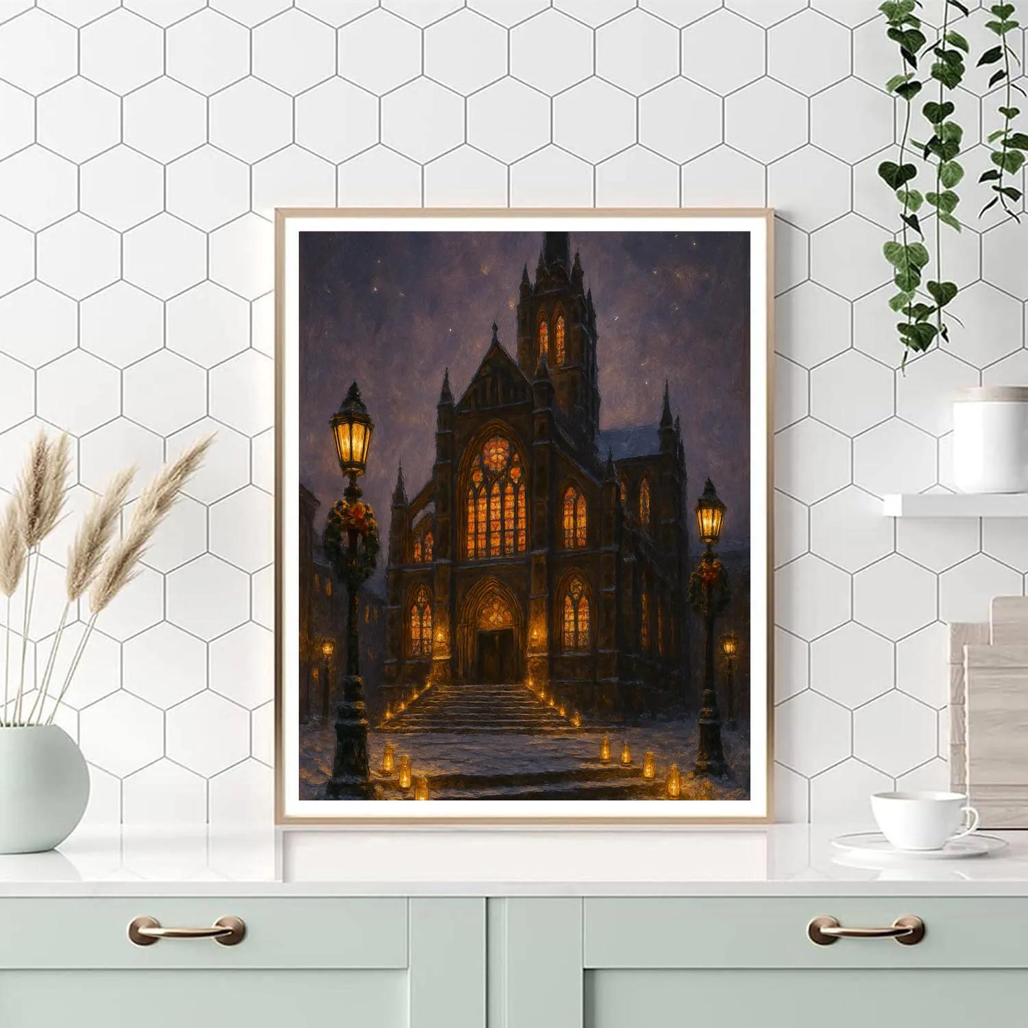 Snowy Cathedral With Candlelit Steps Painting by numbers kit