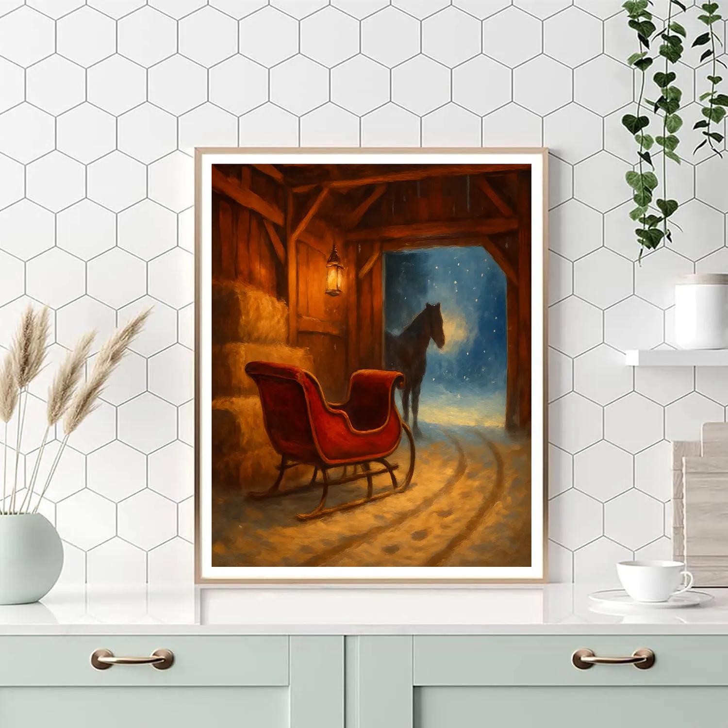 Christmas Sleigh Resting In Barn Painting by numbers kit