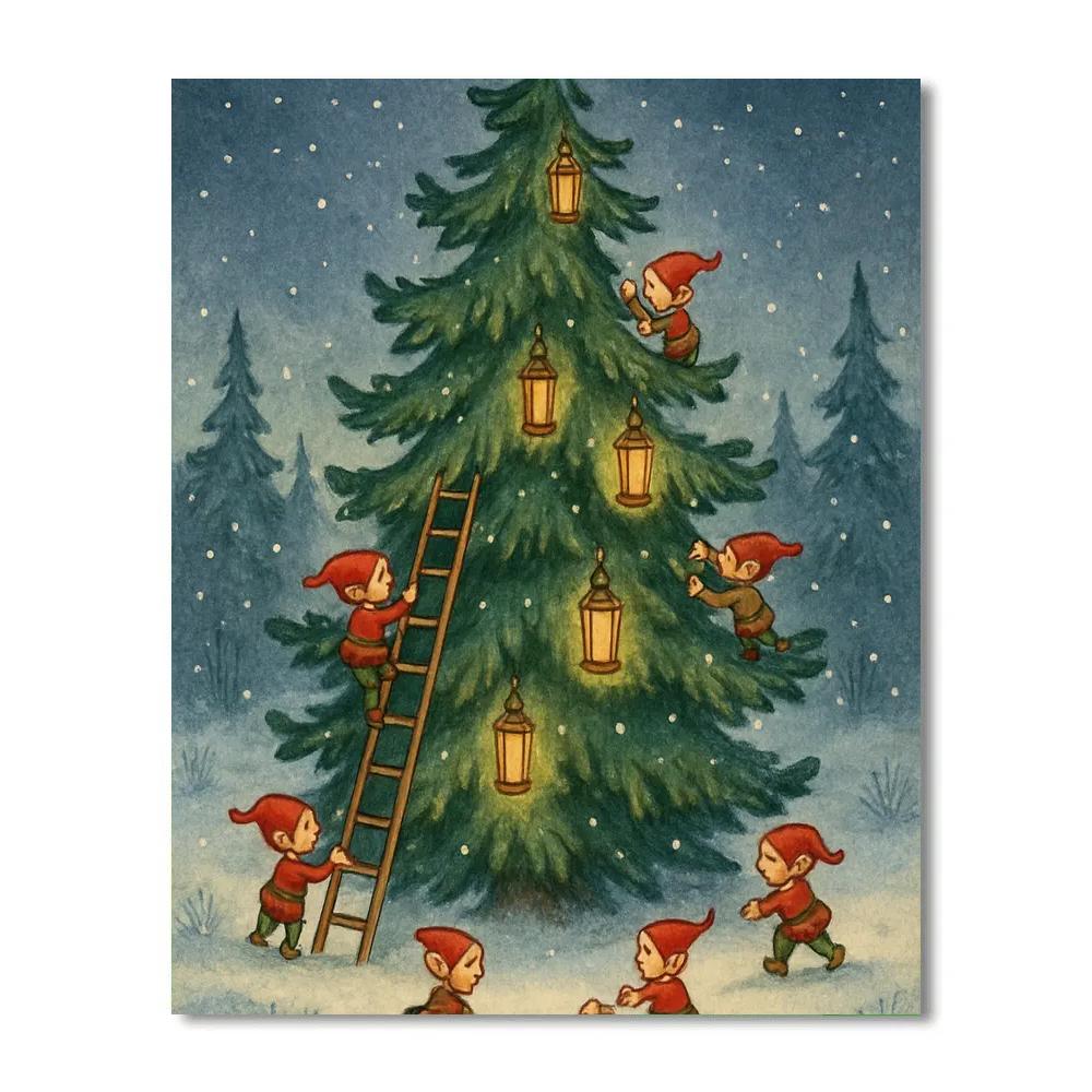 Elves Decorating Moonlit Evergreen DIY paint by numbers