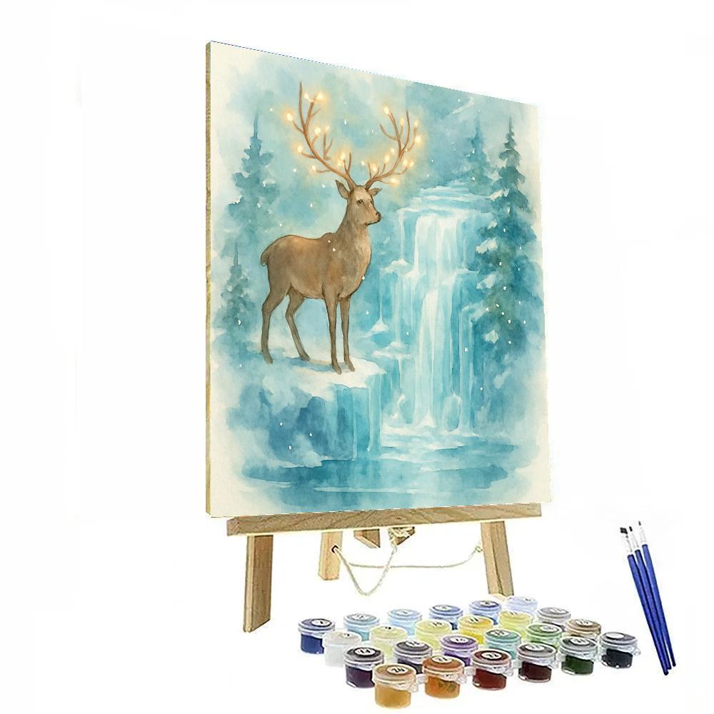 Christmas Deer Beside Frozen Waterfall paint by number