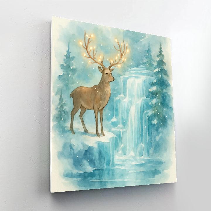 Christmas Deer Beside Frozen Waterfall paint by number
