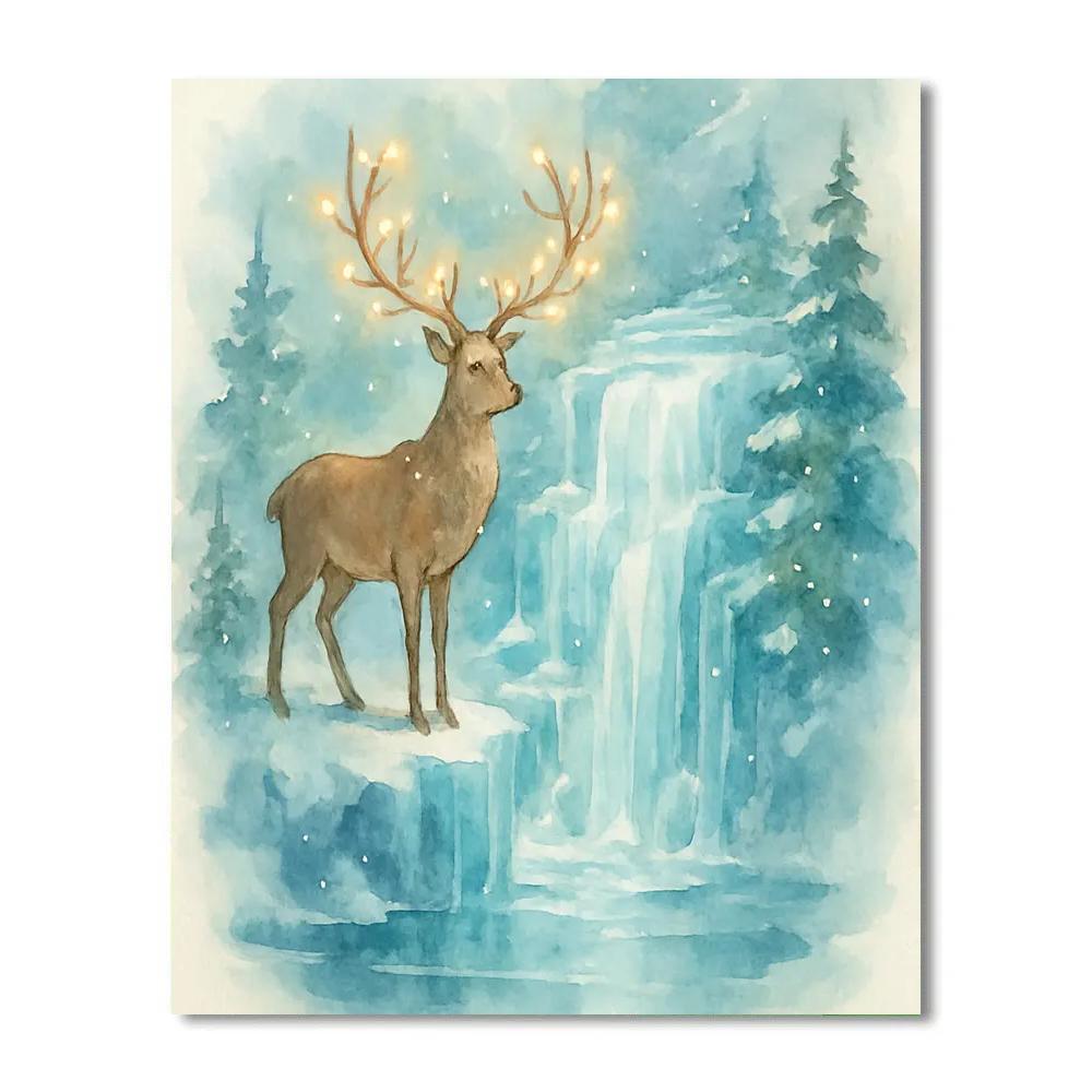 Christmas Deer Beside Frozen Waterfall paint by number