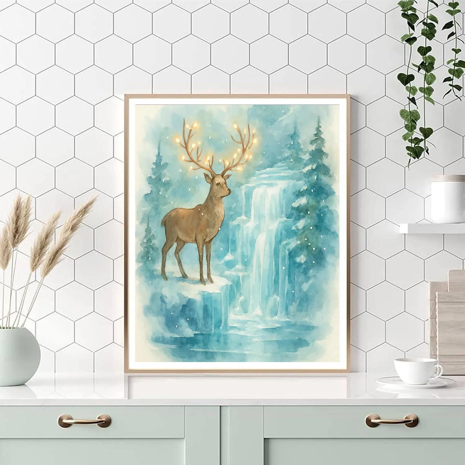 Christmas Deer Beside Frozen Waterfall paint by number