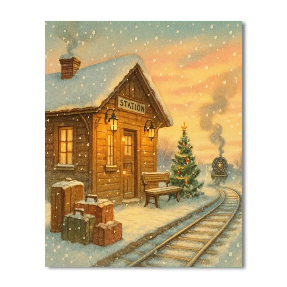 Christmas Train Station At Dawn paint by color