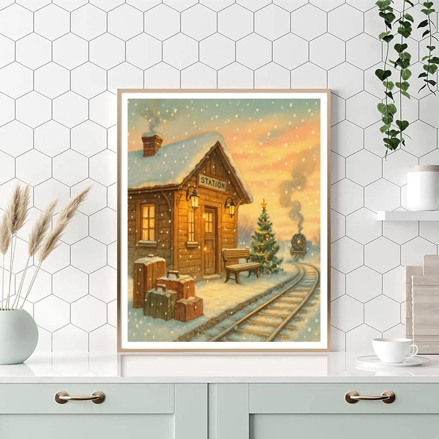 Christmas Train Station At Dawn paint by color