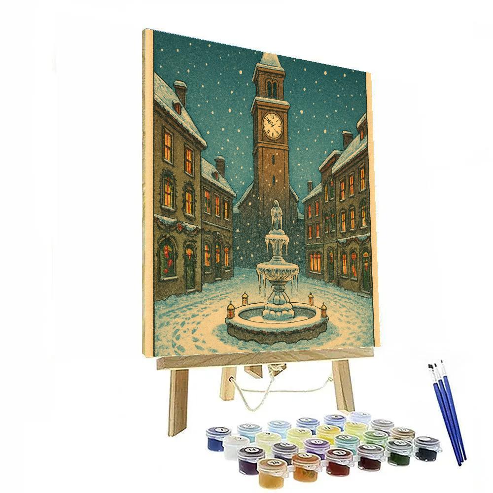 Christmas Clocktower Over Snowy Plaza paint by number