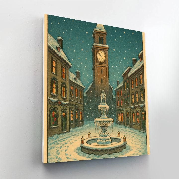 Christmas Clocktower Over Snowy Plaza paint by number