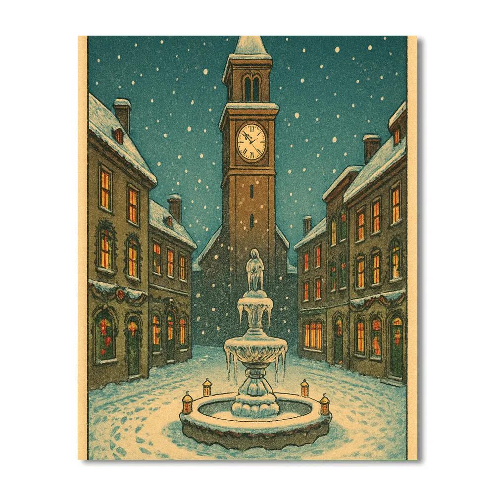 Christmas Clocktower Over Snowy Plaza paint by number