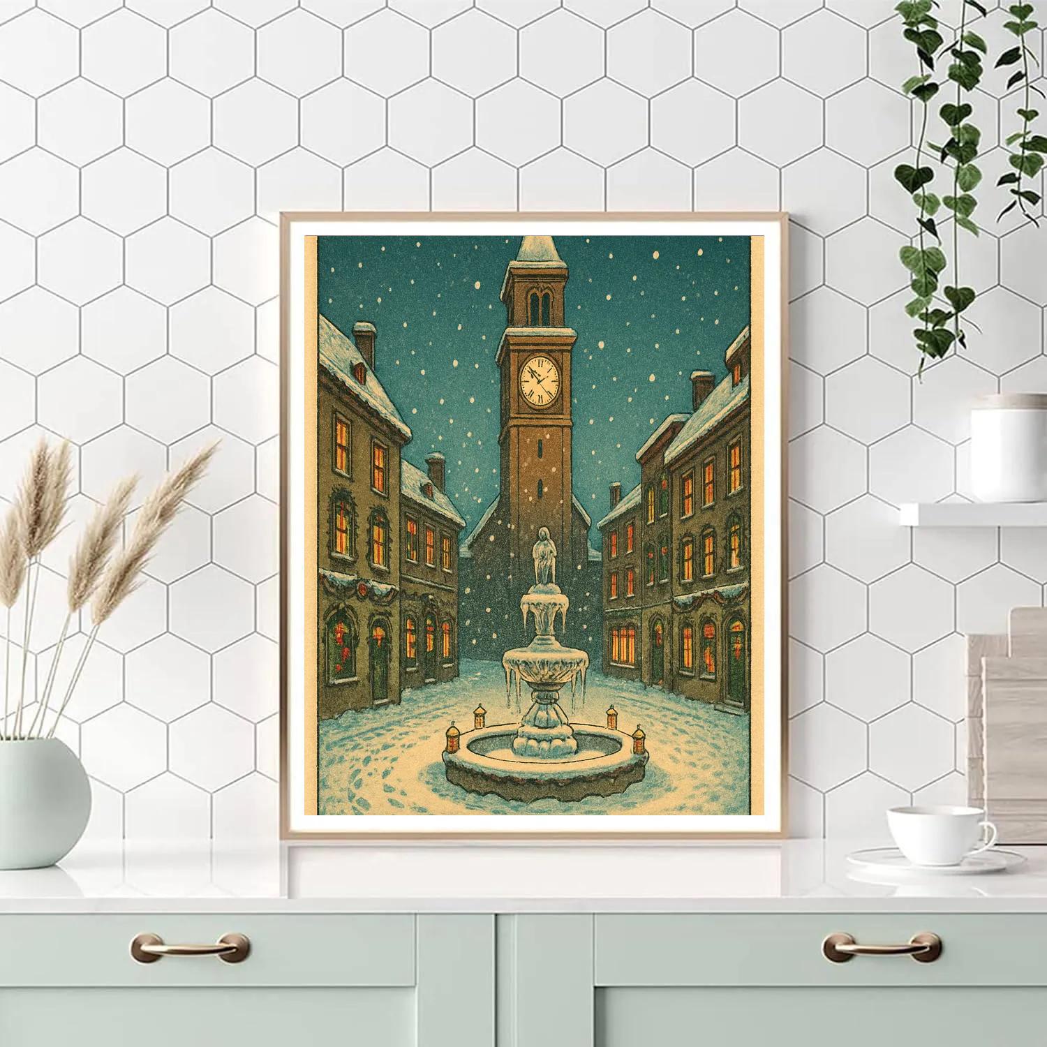 Christmas Clocktower Over Snowy Plaza paint by number