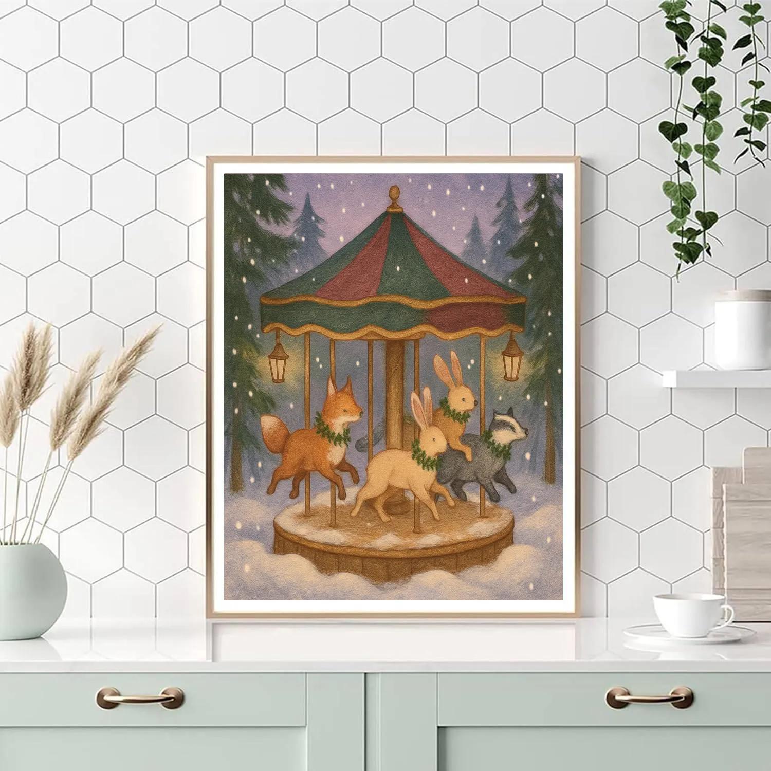 Snowy Carousel Of Woodland Creatures paint by number