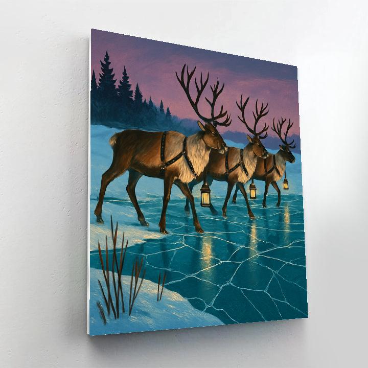 Reindeer Lantern Crossing Frozen Marsh paint by number