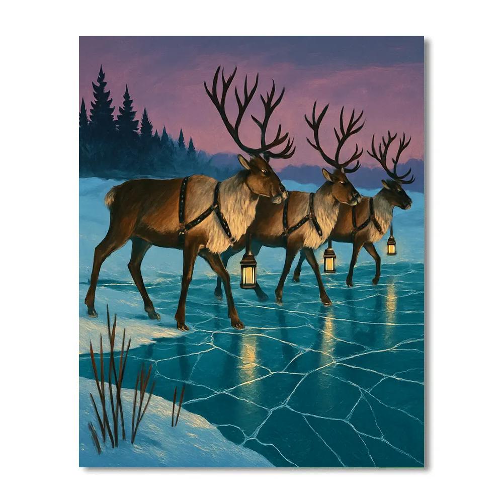Reindeer Lantern Crossing Frozen Marsh paint by number