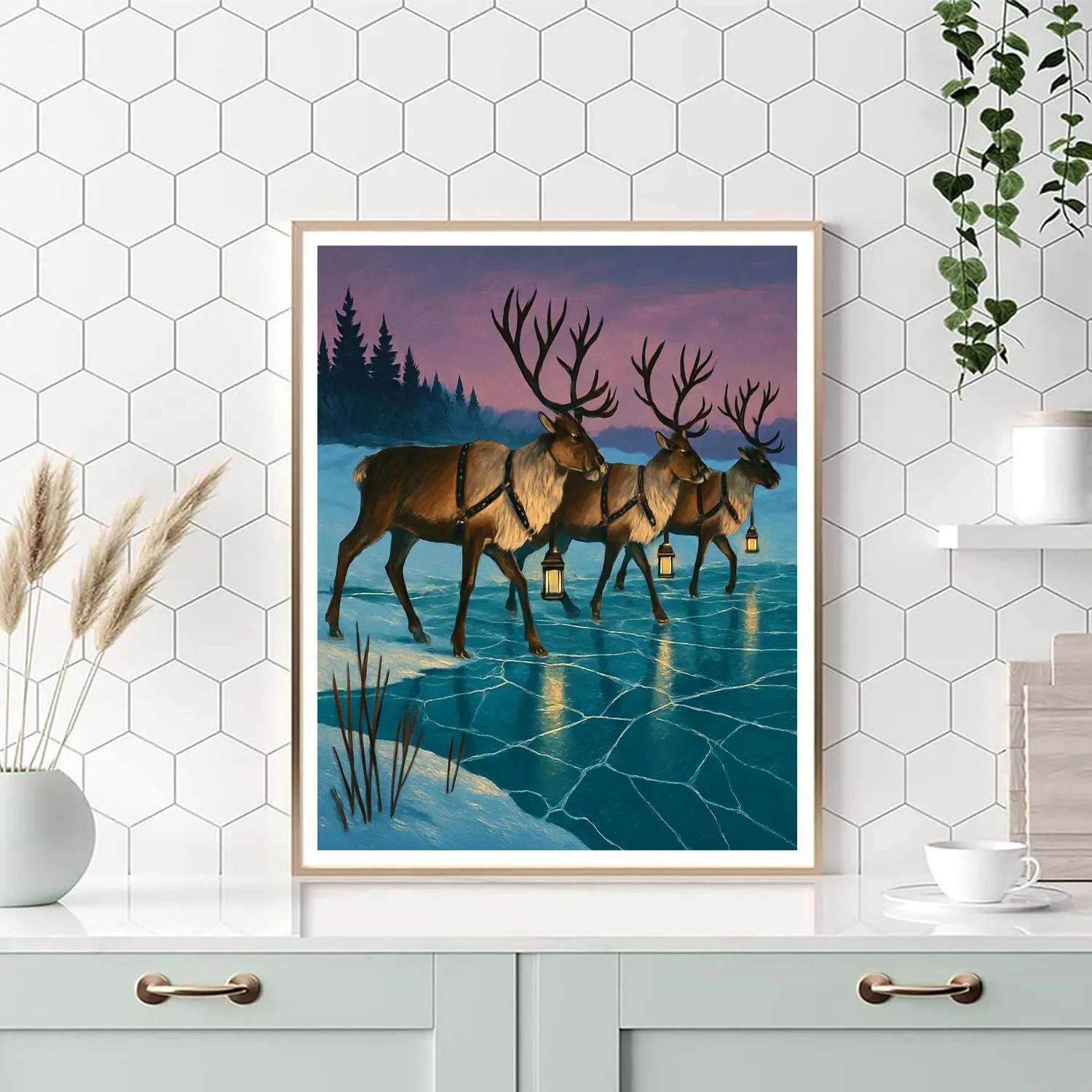 Reindeer Lantern Crossing Frozen Marsh paint by number