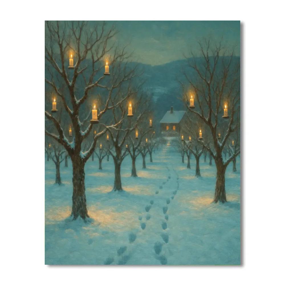 Snowy Orchard With Candlelit Trees DIY paint by numbers