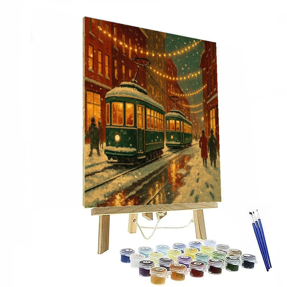 Winters Eve Street With Retro Trams Paint by numbers art